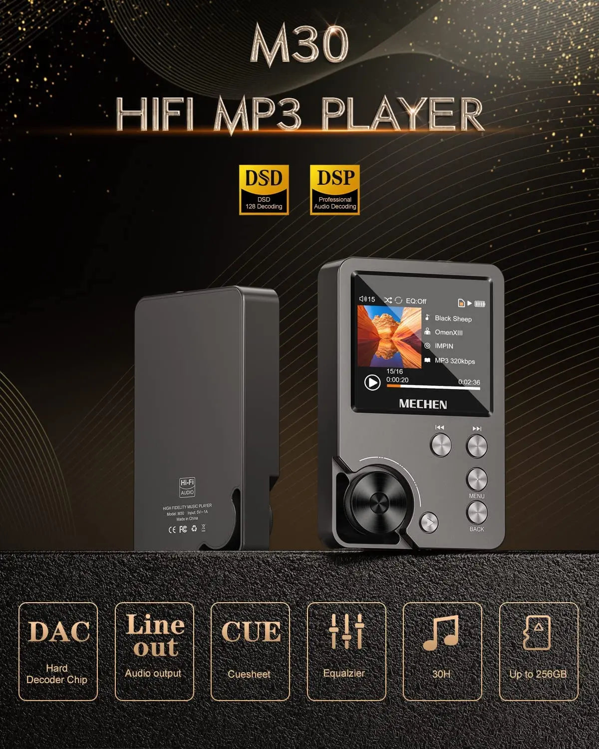 M30 Hi-Fi Lossless Audio MP3 Player with 64GB Memory Card – Portable High-Resolution Digital Music Player (Supports up to 256GB)