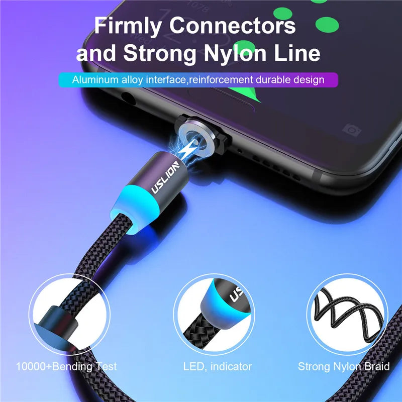 USLION Magnetic USB Cable for iPhone, Samsung Type C Cable LED Fast Charging Data Charge Micro USB