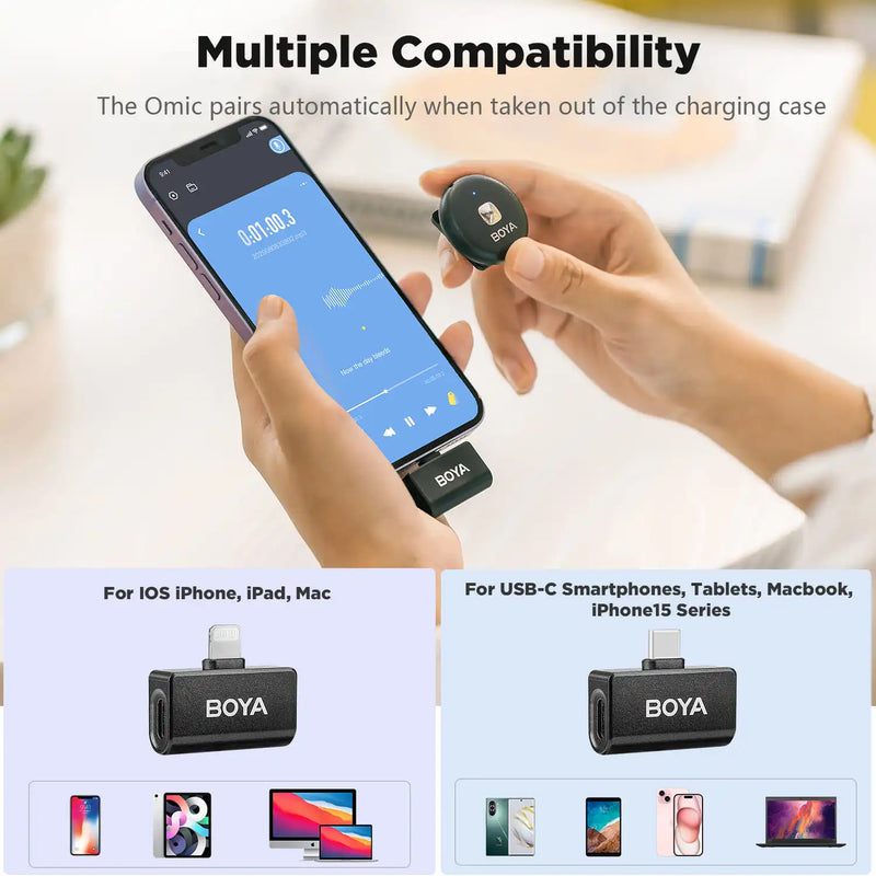 BOYA Omic D/U Wireless Lavalier Lapel Microphone for iPhone, iPad, Android, Type-c Smartphone