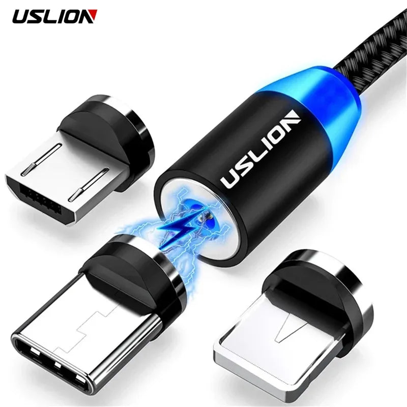 USLION Magnetic USB Cable for iPhone, Samsung Type C Cable LED Fast Charging Data Charge Micro USB