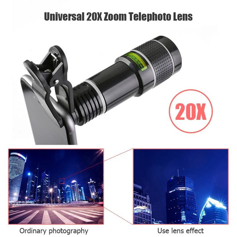 Lens Universal Clip 20X/12X Zoom Phone Camera Telephoto Lens Monocular Telescope Lens Kit