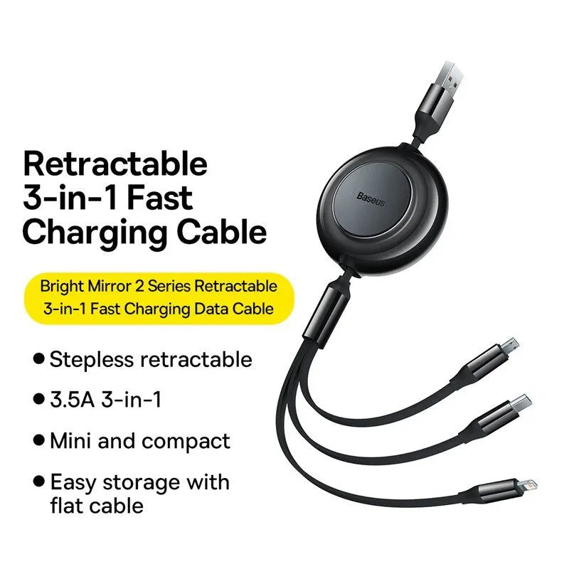 Baseus 3 in 1 Retractable USB Cable for iPhone/Android/Samsung Charger Fast Wire Charging Cable