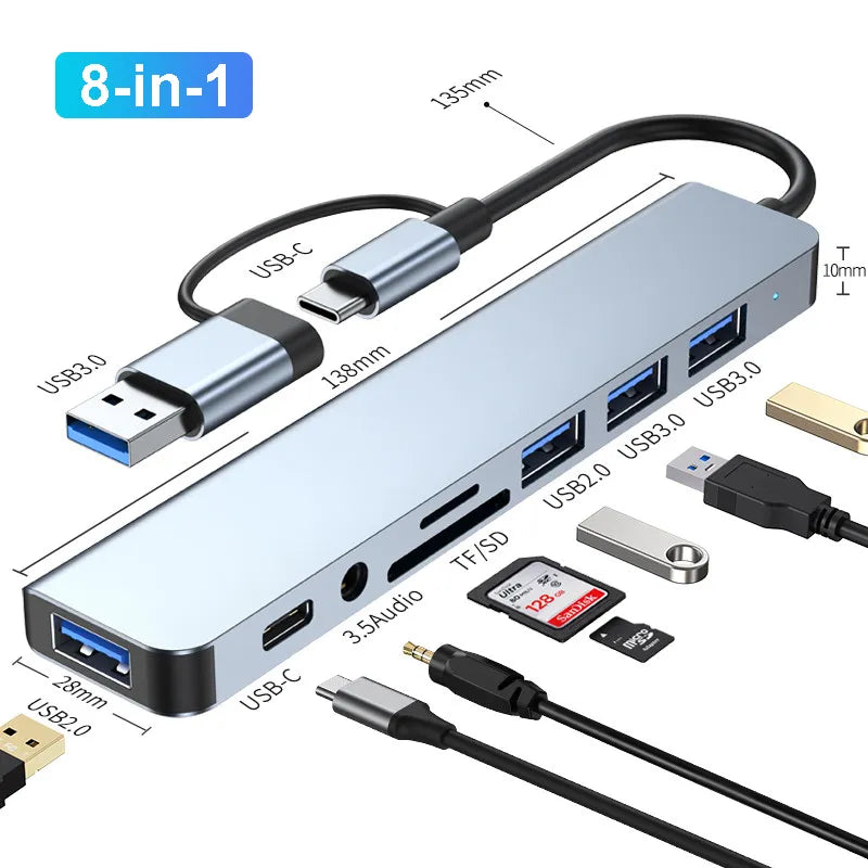 8-IN-2 USB HUB 3.0 USB C HUB Dock Station 5Gbps High Speed Transmission USB Splitter Type C to USB