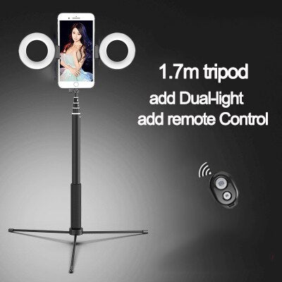 1.7m Extendable live Tripod Selfie Stick Support LED Ring Dual light mirror Stand 4 in 1 Phone Mount