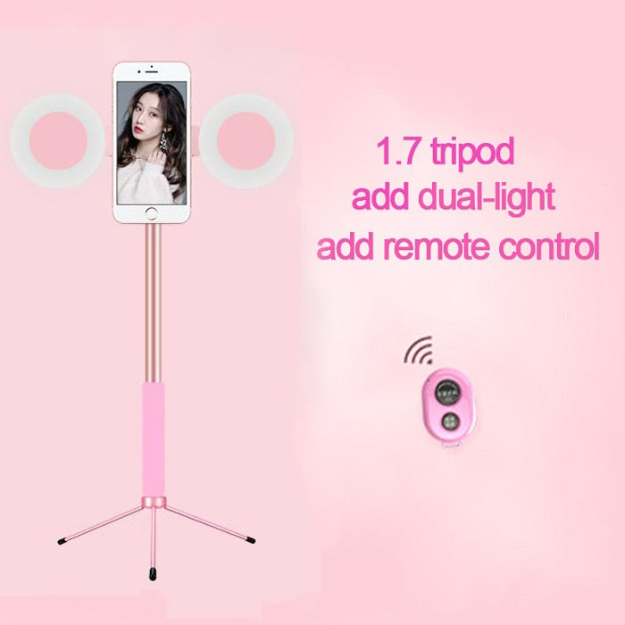 1.7m Extendable live Tripod Selfie Stick Support LED Ring Dual light mirror Stand 4 in 1 Phone Mount