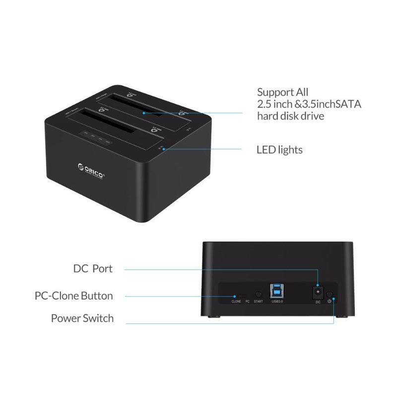 2-bay External Hard Drive Docking Station USB3.0 to SATA 2.5 3.5 in with Offline Clone Support