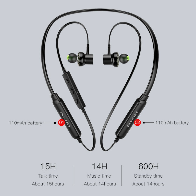 AWEI G20BLS Wireless Bluetooth Earphone Headphones With Microphone Dual Driver Noise Cancel Headset