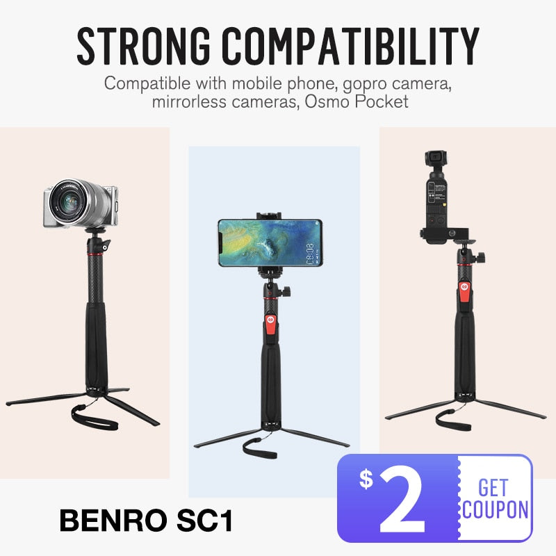 SC1 Carbon Fiber Mini Tripod Monopod Portable Selfie Stick Bluetooth