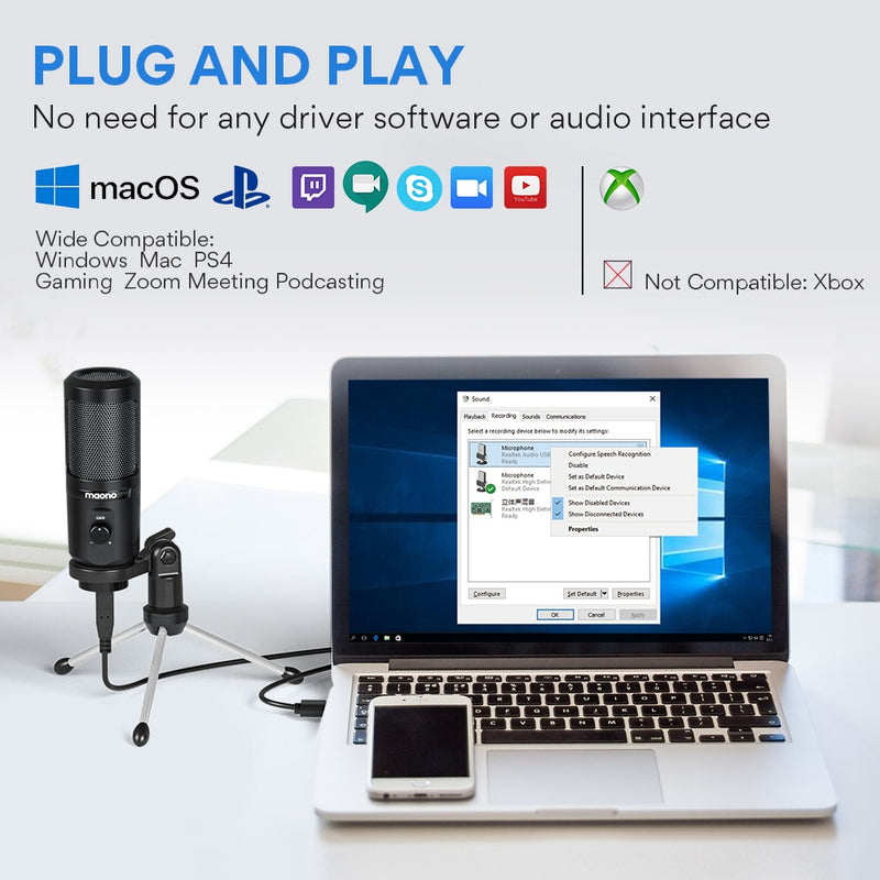 USB Microphone with Mic Gain,192Khz/24Bit Podcast PC Computer Condenser Mic for Live Streaming
