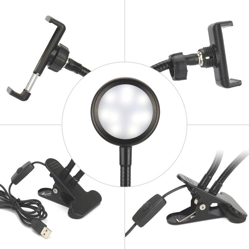 New Arrival Live Stream Bracket Phones Holder with Clamps Base Tripod with LED Flash Light Lamp
