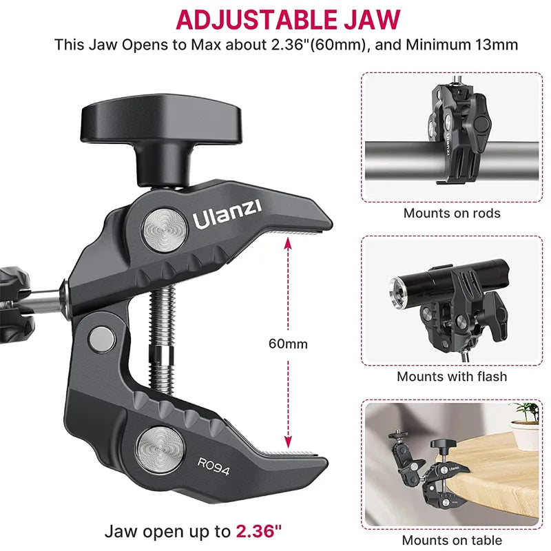 Ulanzi-R094 Metal Super Clamp with 360° Ball Head Magic Arm Clamp with 1/4" 3/8" Hole