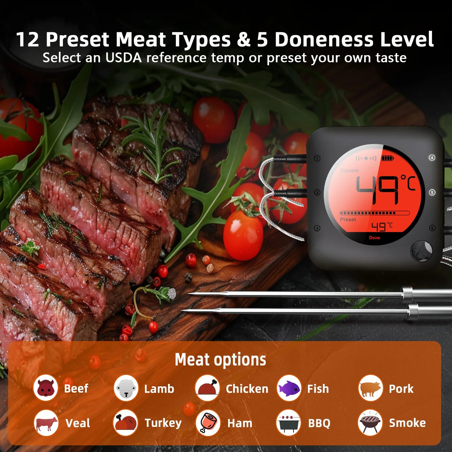 Wireless Bluetooth Meat Thermometer Digital BBQ Kitchen Thermometer Support 6 Probe for Smoker, Cooking, Grill, Oven, Candy