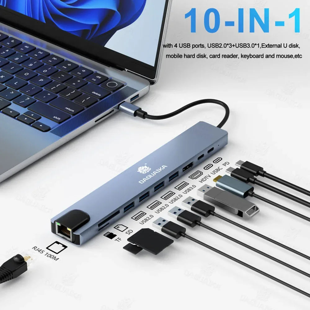 Daguaika 10-in-1 USB-C Hub – High-Speed Docking Station with 4K HDMI, RJ45 Ethernet, and PD 100W Charging