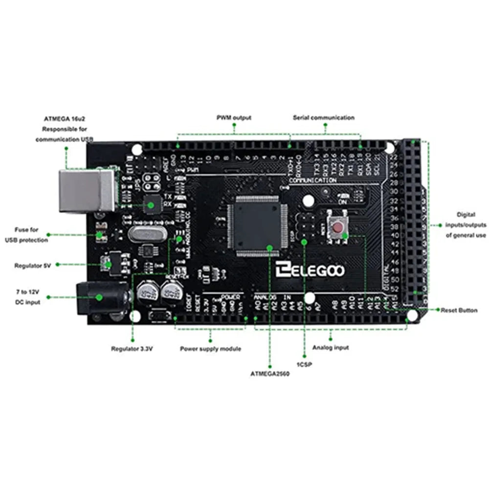 ELEGOO MEGA R3 ATmega2560 Development Board – Arduino-Compatible + USB Cable | RoHS Compliant