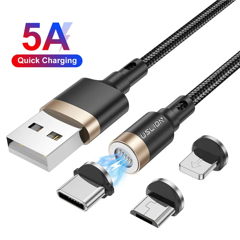 USLION 5A Magnetic Cable – Fast Charging USB A to Type C, Micro USB & Lightning Data Cord