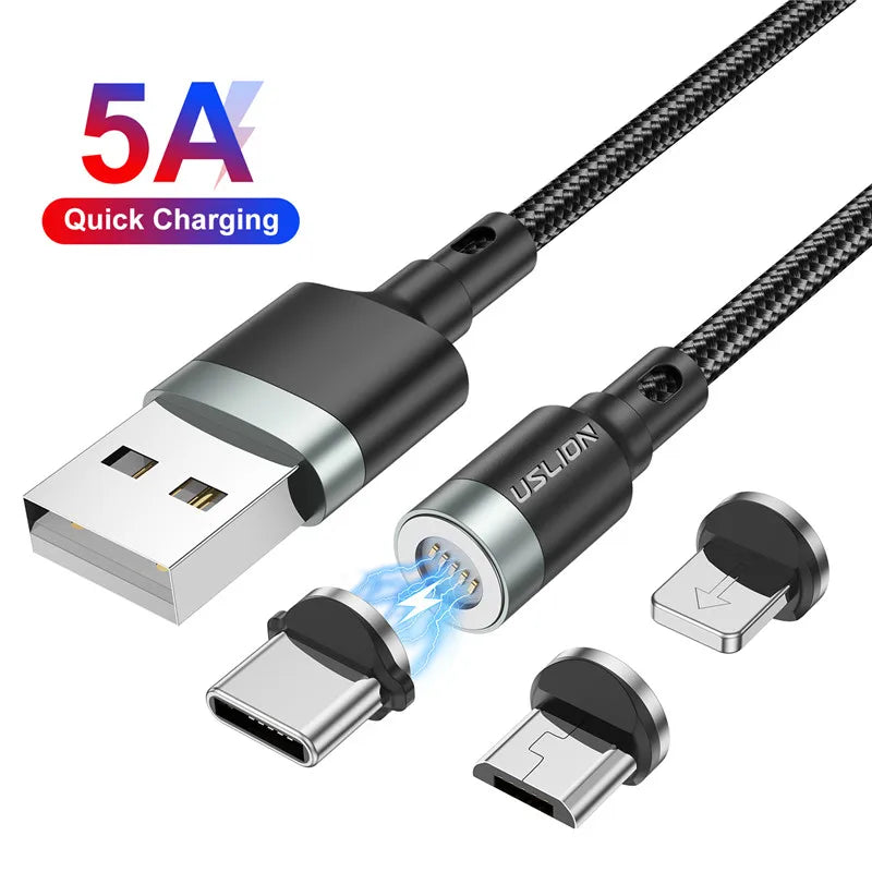 USLION 5A Magnetic Cable – Fast Charging USB A to Type C, Micro USB & Lightning Data Cord