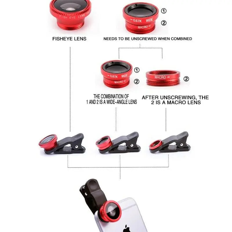 3in1 Fisheye Phone Lens 0.67X Wide Angle Zoom Fish Eye Macro Lenses Camera Kits with Clip Lens