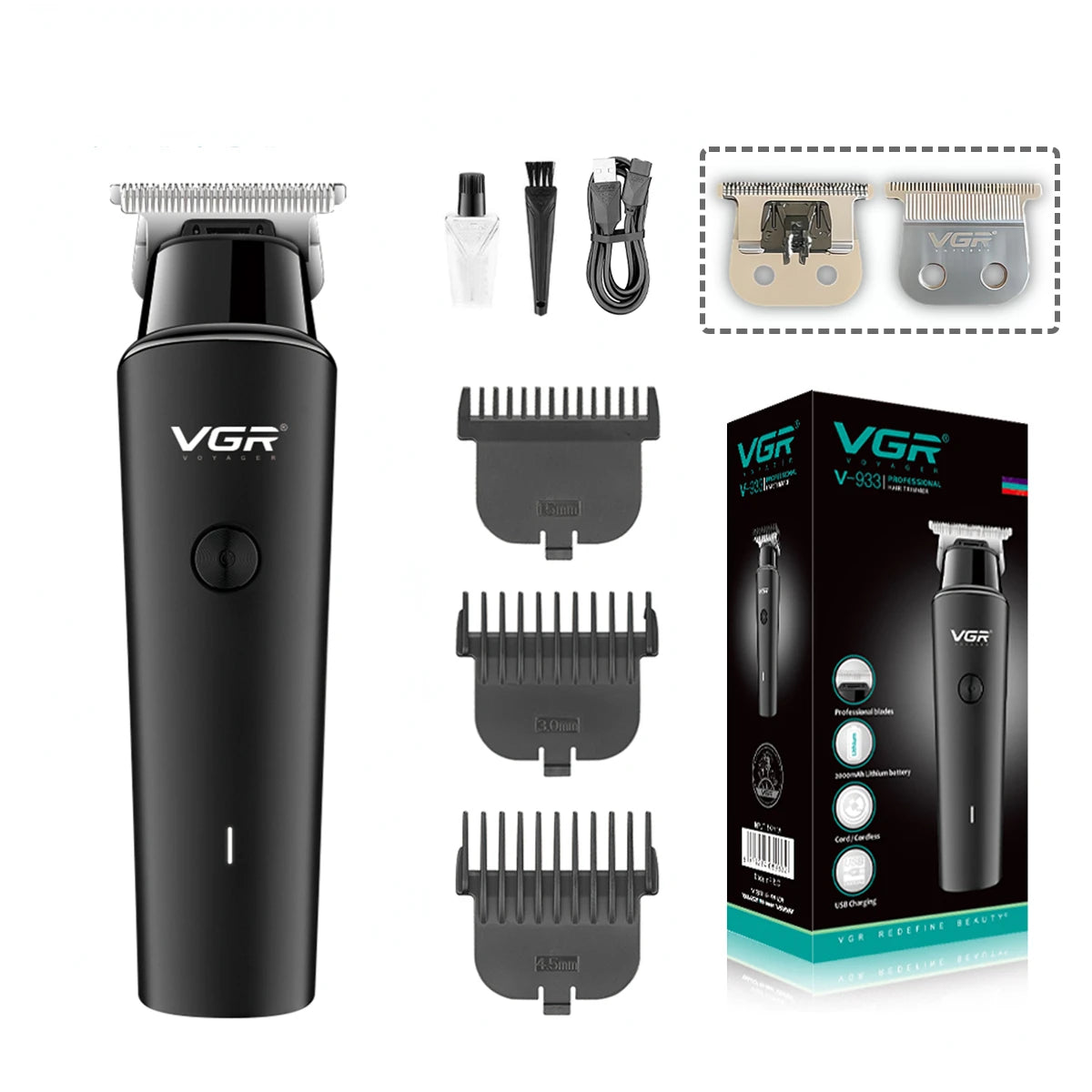 VGR Hair Trimmer Cordless Clipper 0mm Cutting Machine USB Rechargeable Barber Trimmer V-933