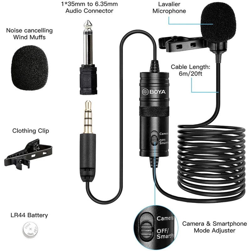 BOYA BY-M1 Condenser Lavalier Lapel Clip-on Microphone 3.5mm TRRS 6M Mic for PC, iPhone & DSLR