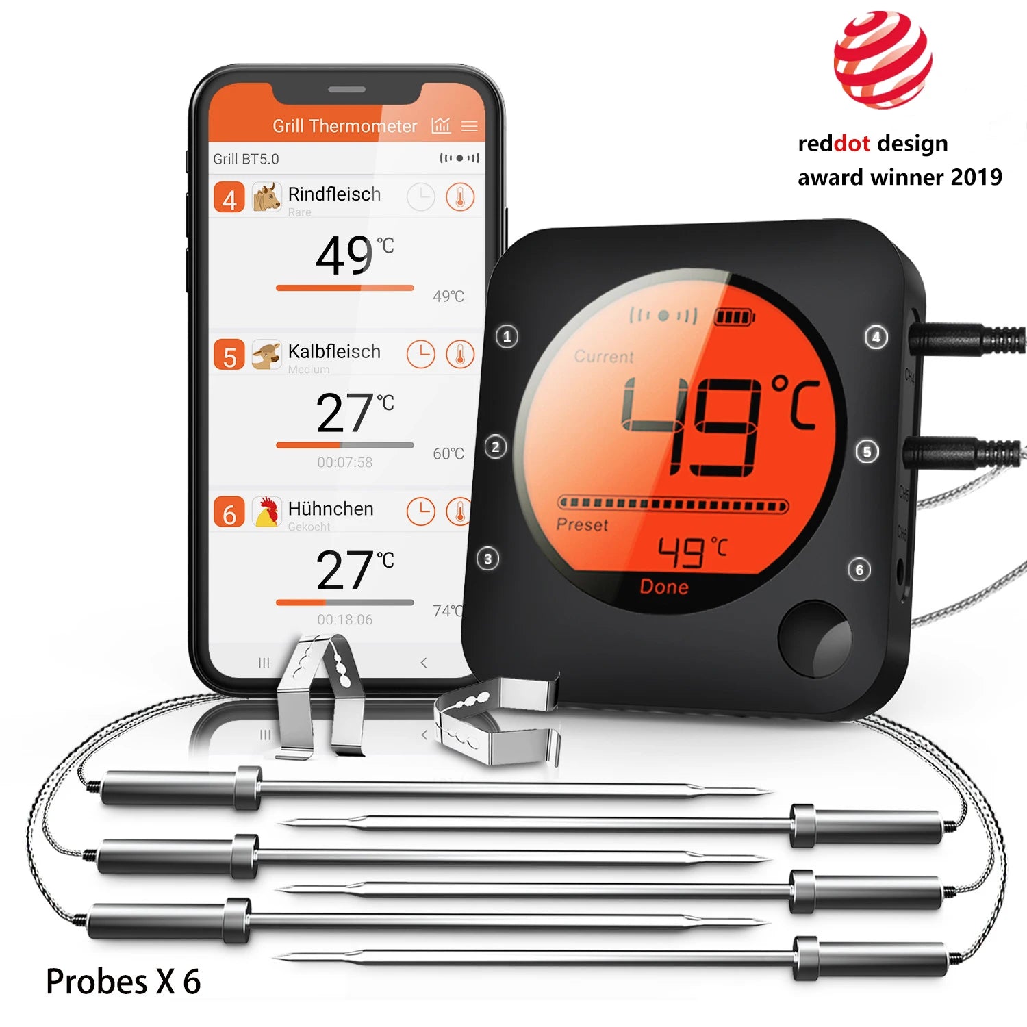 Wireless Bluetooth Meat Thermometer Digital BBQ Kitchen Thermometer Support 6 Probe for Smoker, Cooking, Grill, Oven, Candy