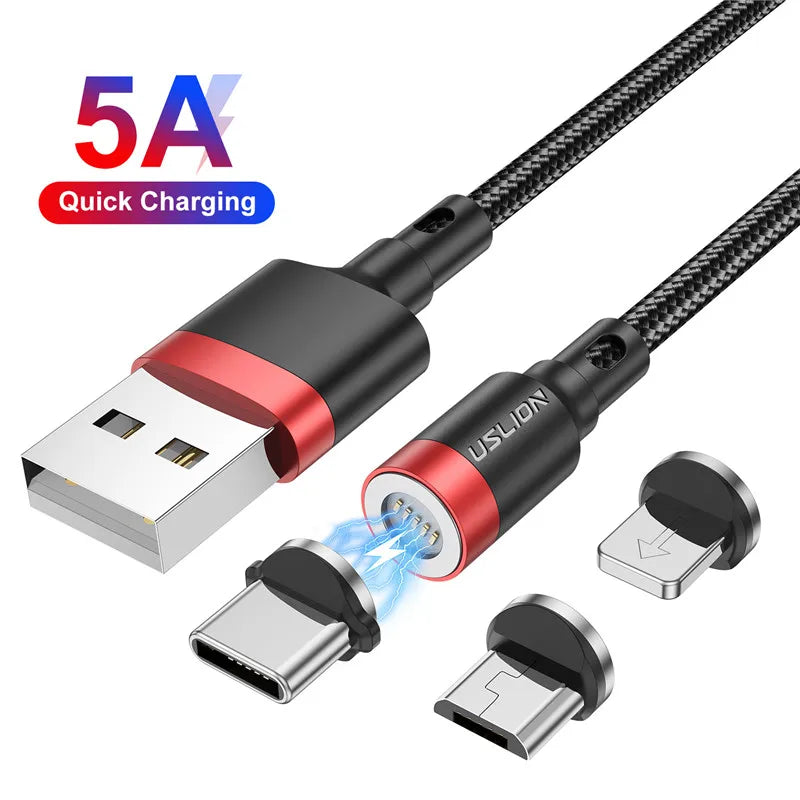 USLION 5A Magnetic Cable – Fast Charging USB A to Type C, Micro USB & Lightning Data Cord