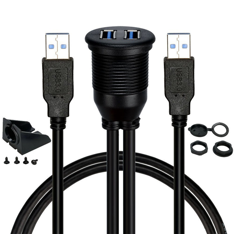 2 Ports Dual USB 3.0 Male to USB 3.0 Female AUX Flush Mount Car Mount Extension