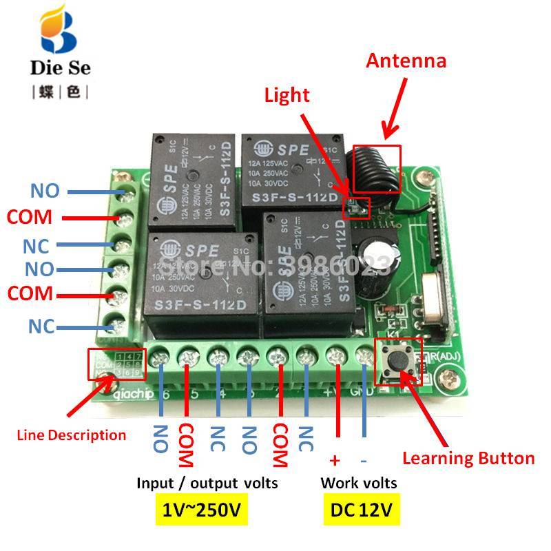 433MHz Universal Wireless Remote Control DC 12V 4CH Relay Receiver Module RF Switch 4 Button Remote Control