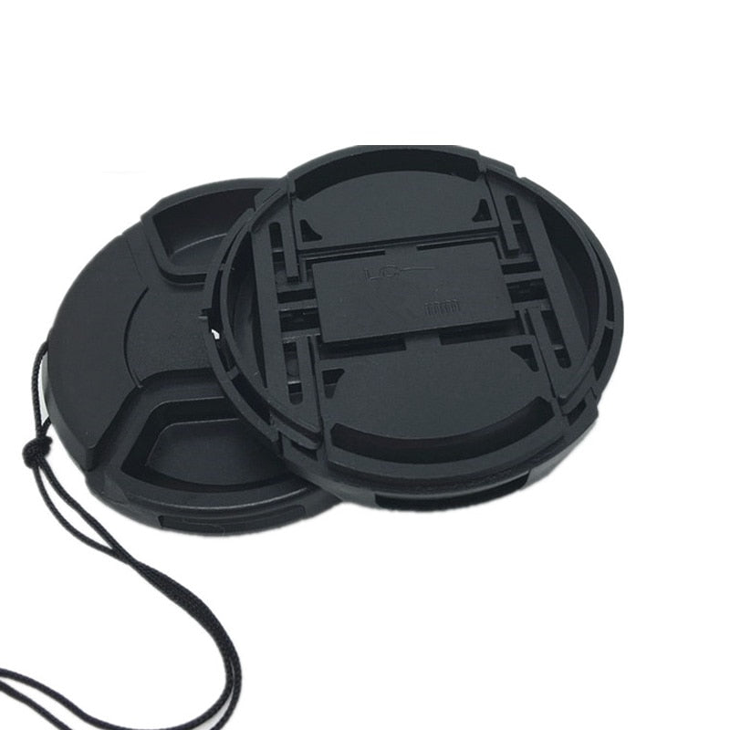 Front Lens Cap Center Pinch Cover Snap-on with cord for Canon, Nikon, Pentax and Sony