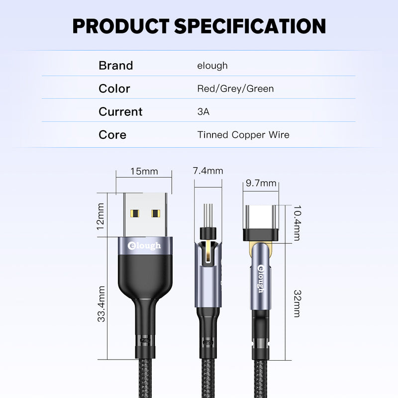 Rotate USB Type C Cable Poco 3A Fast Charging USB-C Type-C 180 Degree Phone Cable Data Wire Cord