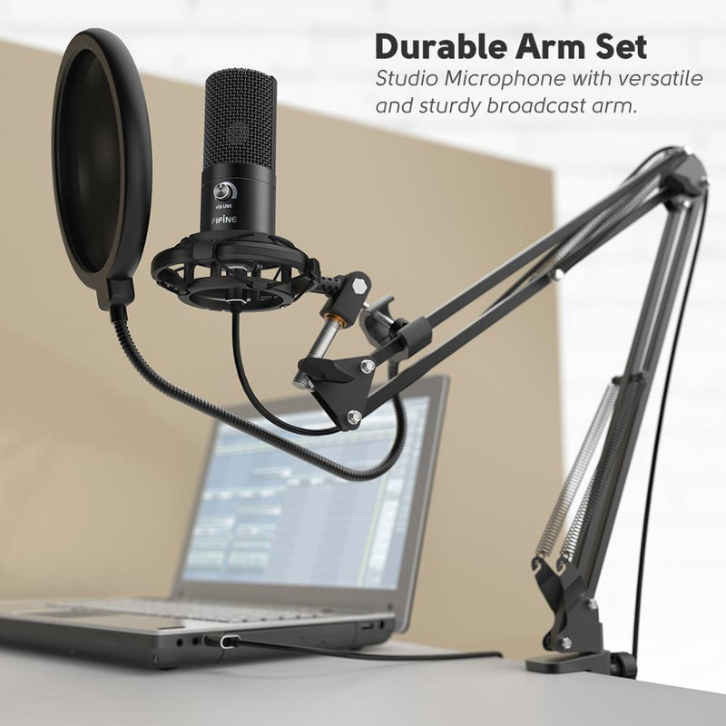 FIFINE Studio Condenser USB Computer Microphone Kit With Adjustable Scissor Arm Stand Shock Mount