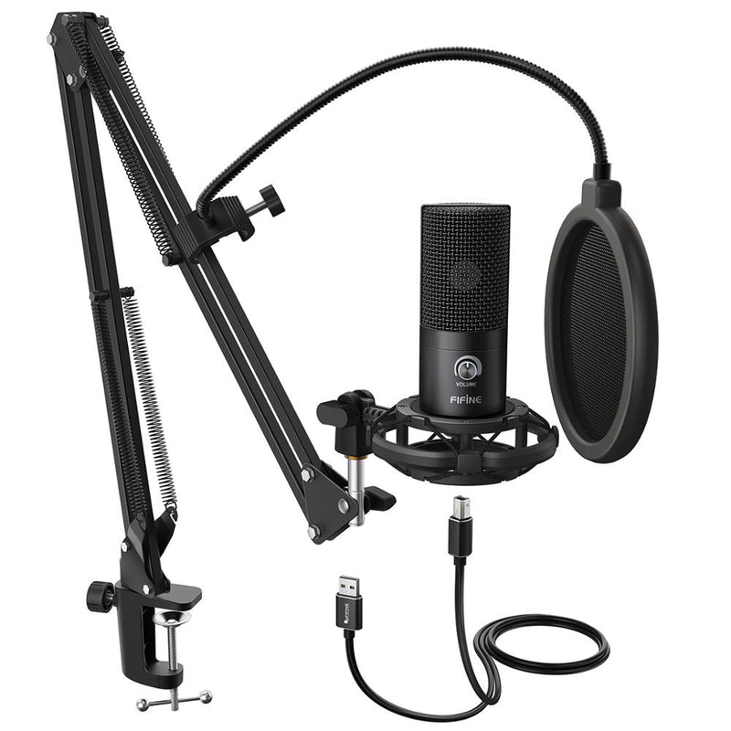 FIFINE Studio Condenser USB Computer Microphone Kit With Adjustable Scissor Arm Stand Shock Mount