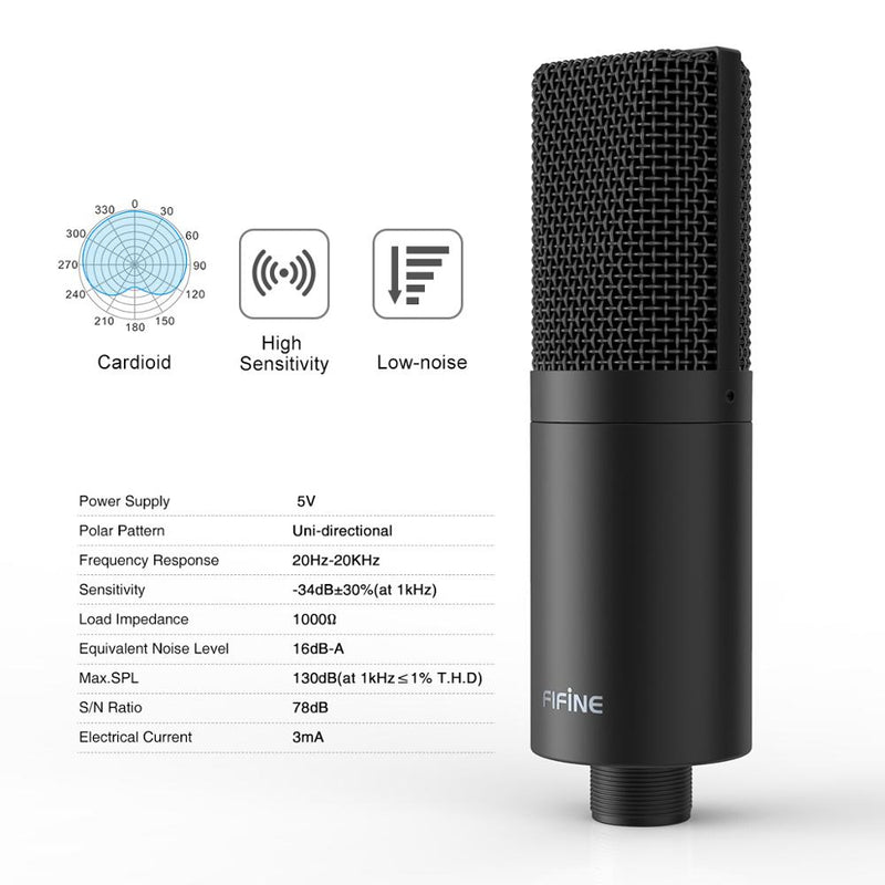 FIFINE USB Condenser PC  Microphone with Adjustable desktop mic arm &shock mount for  Studio