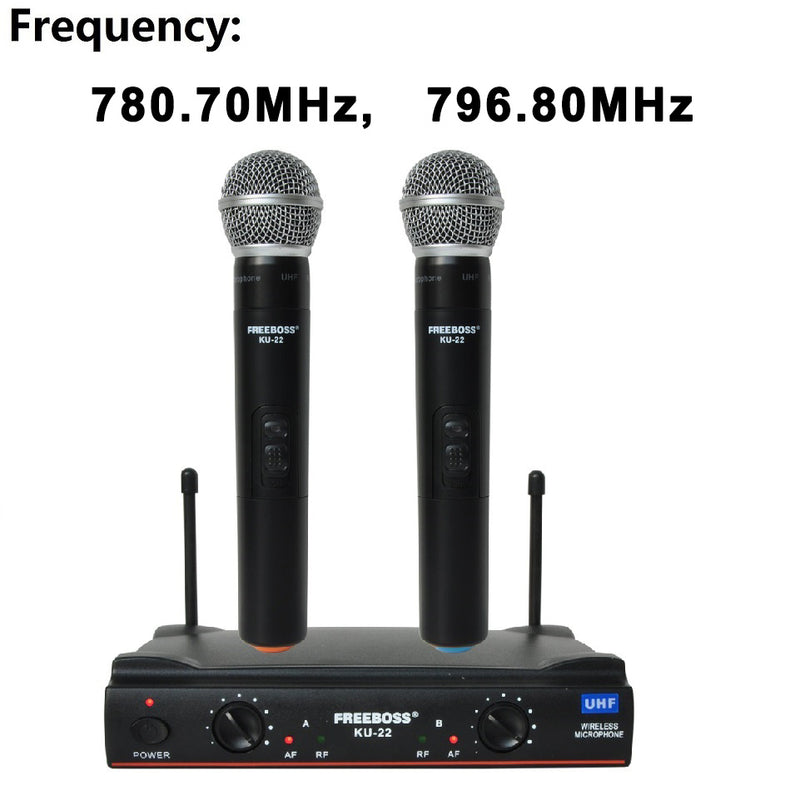 Freeboss KU-22 UHF Long Range Dual Channel 2 Handheld Mic Transmitter Professional Karaoke UHF