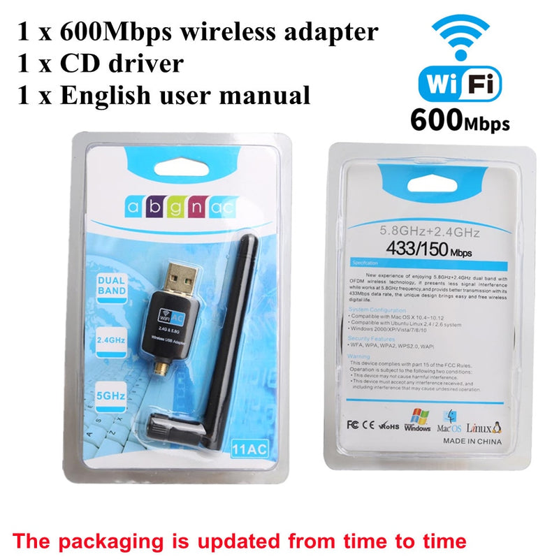 USB Wifi Adapter 2.4GHz+5.8GHz Wi-fi Receiver High Speed 600Mbps Wi-fi Antenna Wireless PC Network