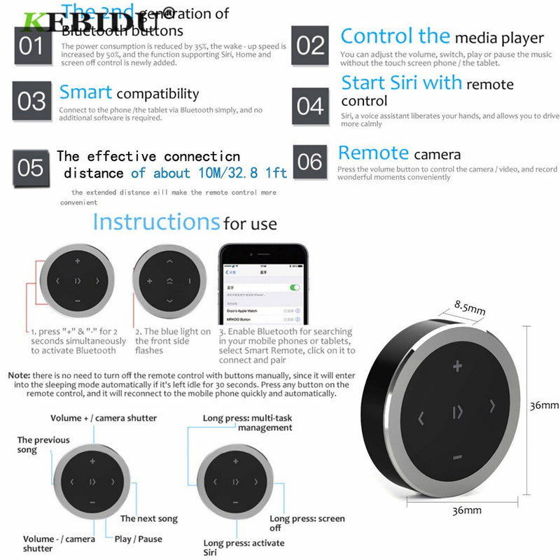 Kebidu Wireless Bluetooth Media Steering Wheel Remote Control mp3 Music Play for Android IOS