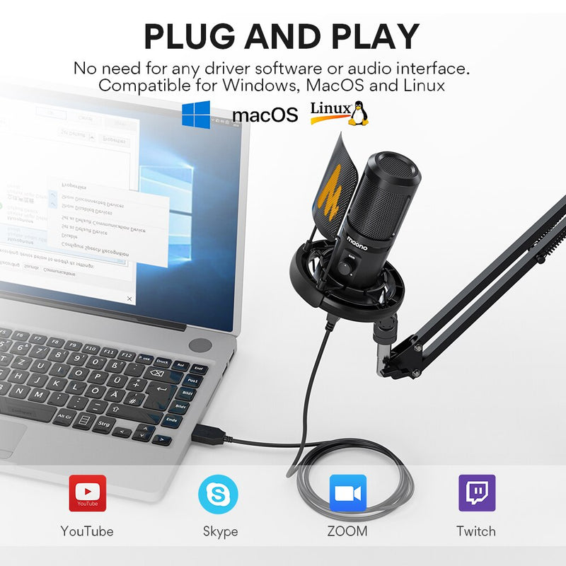 USB Microphone Professional Condenser Computer Mic with Gain PoP Filter Shock Mount for Recording