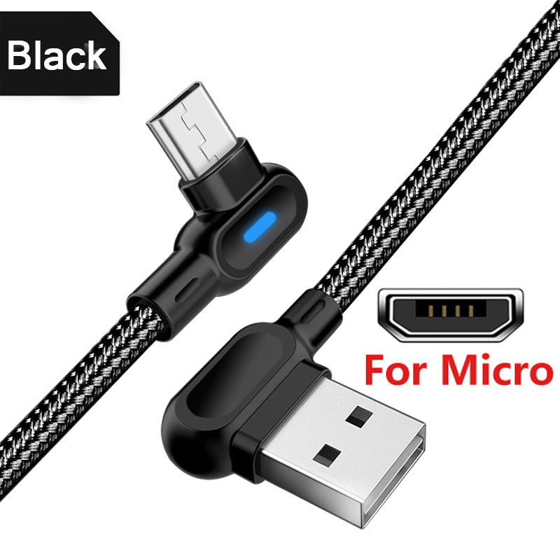 90 Degree Type C Micro USB Cable Support 2.4A Fast Charge 1M 2M USB Type C Microusb Cord