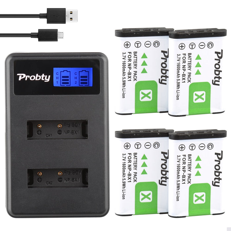 Probty 4pcs NP-BX1 np bx1 Battery + LCD Charger For Sony DSC-RX100 DSC-WX500 IV HX300 WX300