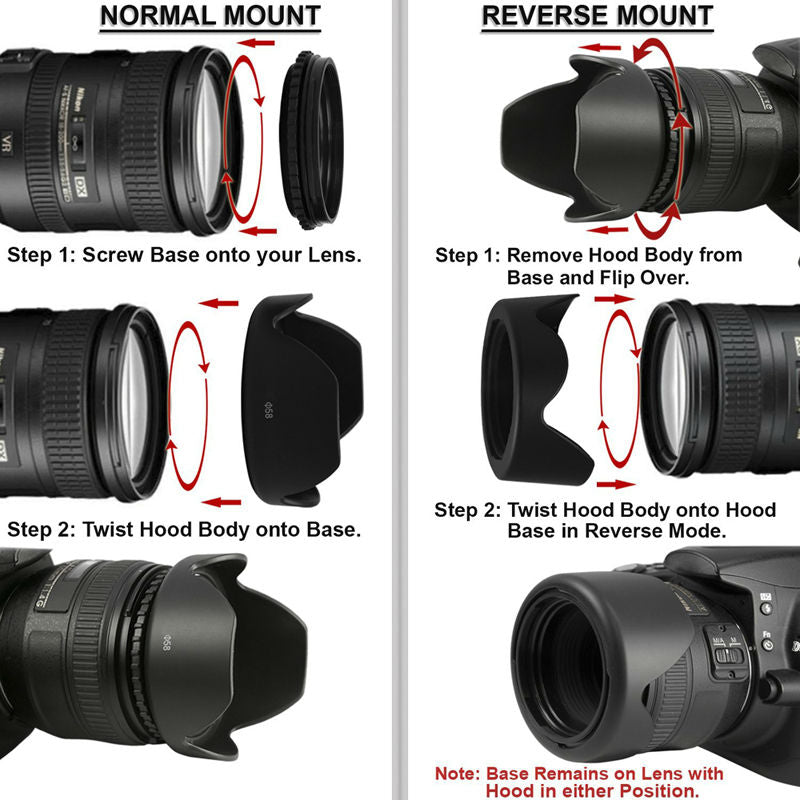 Reversible Lens Hood 52mm 58mm 55mm 62mm 67mm 72mm 77mm Flower Filter Thread + Lens Cap For Canon
