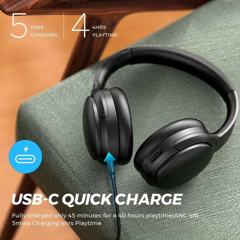 Active Noise Cancelling Headphones Wireless Over Ear Bluetooth Headphones 40H Playtime