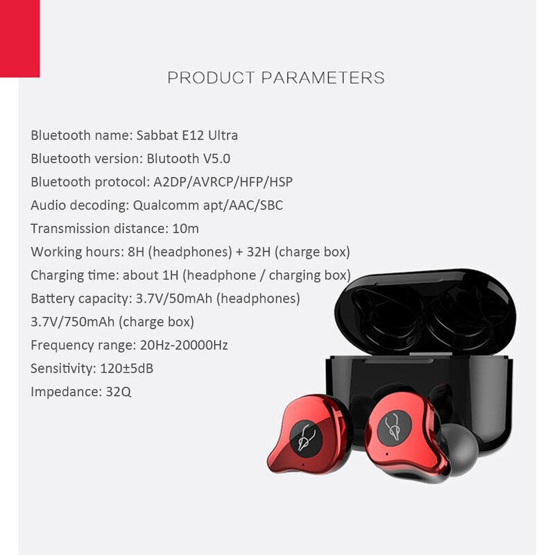 Sabbat E12 Ultra QCC3020 TWS Bluetooth Earphone 5.0 aptx Wireless Earphones Stereo Earbuds