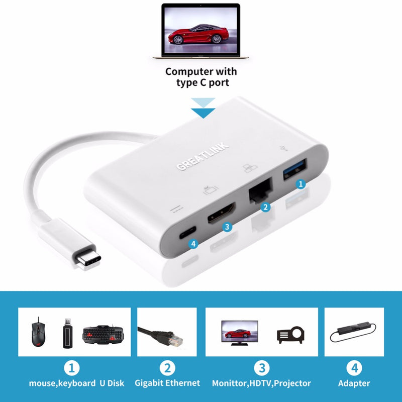 USB Type C AUX Extension Cable HDMI 4K Adapter RJ45 Connector USB-C To USB 3.0 Splitter RJ 45 HDMI