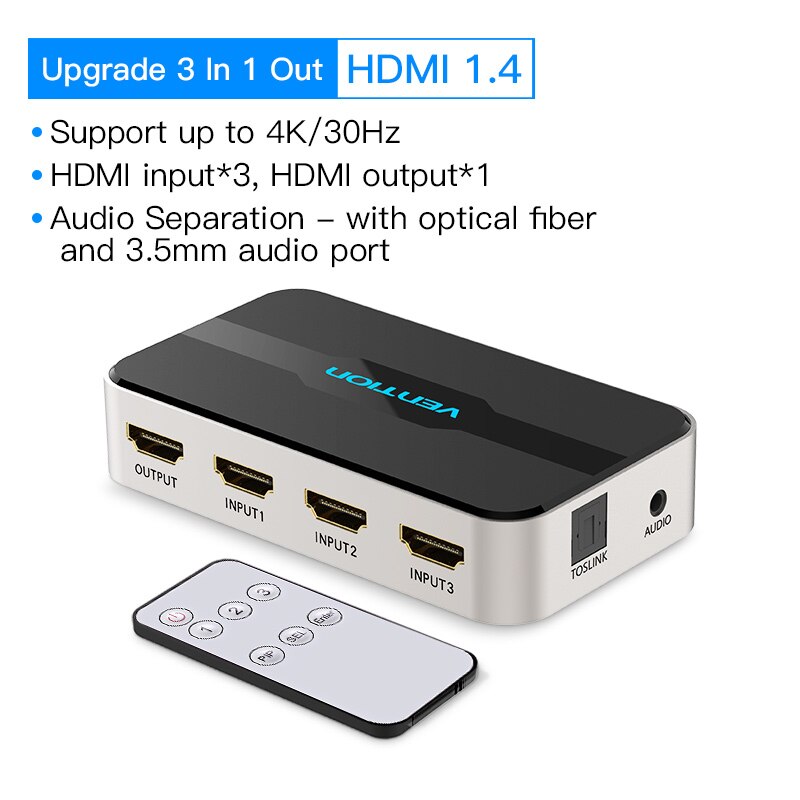 HDMI Switcher 4K/60Hz 3 Input 1 Output HDMI 2.0 Switch Adapter 3×1 HDMI 2.0 Splitter