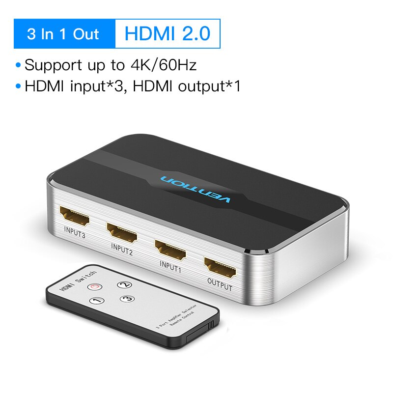 HDMI Switcher 4K/60Hz 3 Input 1 Output HDMI 2.0 Switch Adapter 3×1 HDMI 2.0 Splitter