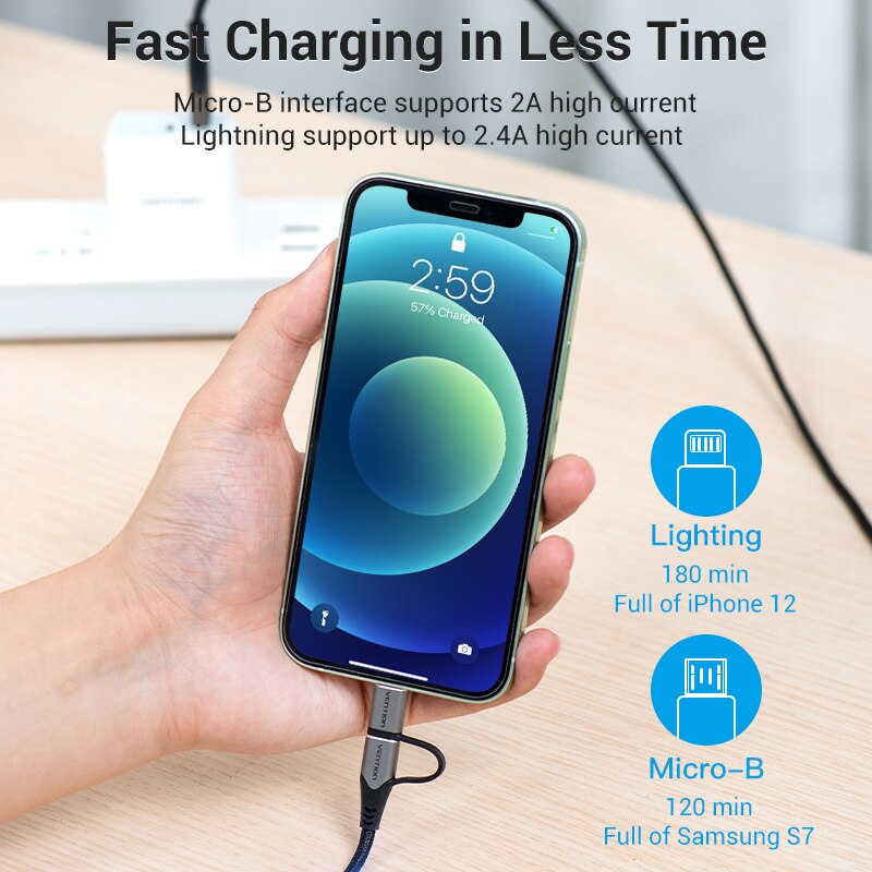 MFi USB Cable for iPhone 12 Pro Max XR 11 2 in 1 Fast Charger Lightning USB Cord Micro USB Data Cable