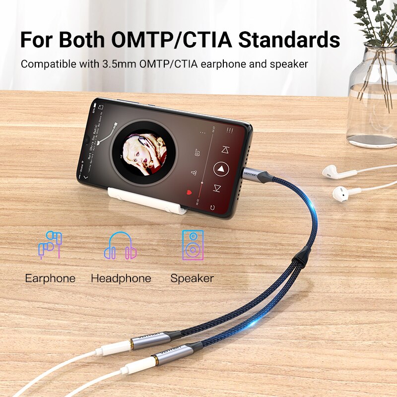 Type C to Dual 3.5 Jack USB C to 3.5mm Aux Double Earphones Audio Adapter Jack 3.5 Cable